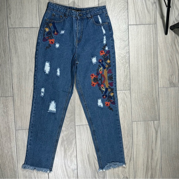 Paul & Zera Denim - NWT PAUL & ZERA ALLSAINTS High Waist Raw Hem Frayed Floral Embroidered Jeans L